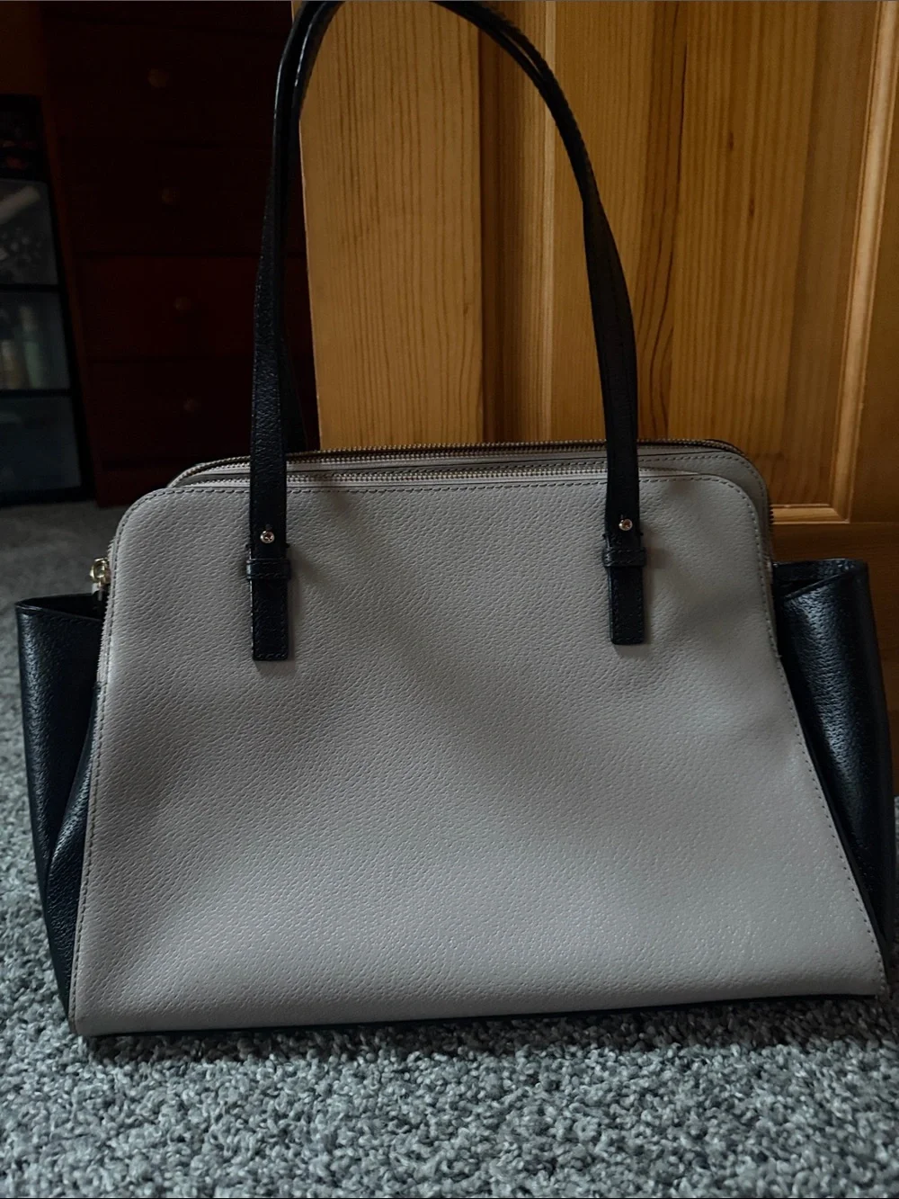 kate spade Two-Tone Pebbled Leather Purse - Light Gray Body with Black Handles